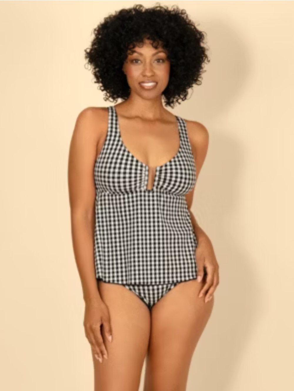 Lands' End black/white Gingham textured Tankini Top adjustable straps XL U-Ring